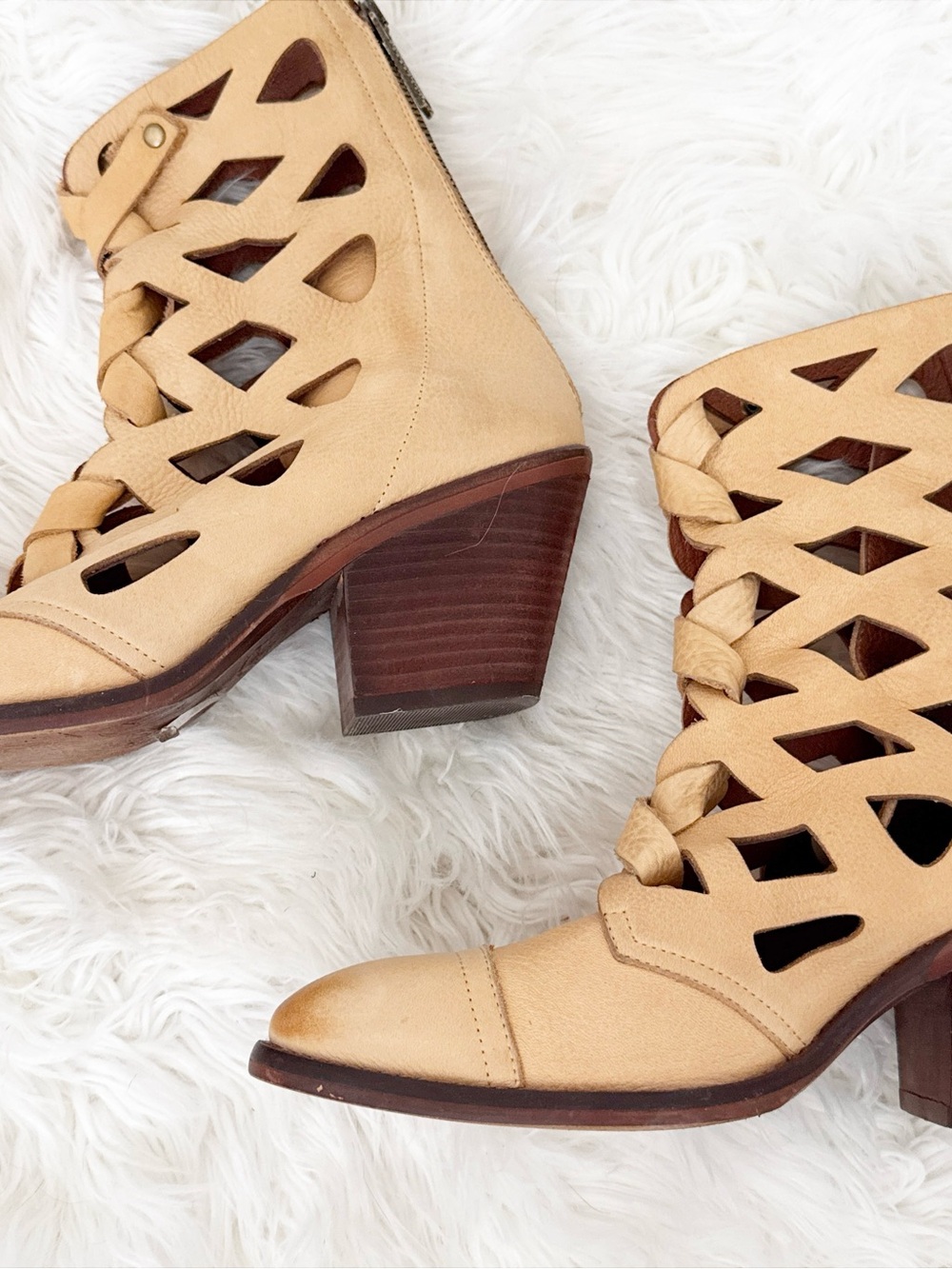 Cutout Lace-Up Ankle Booties in Tan Leather - Picture 3 of 5